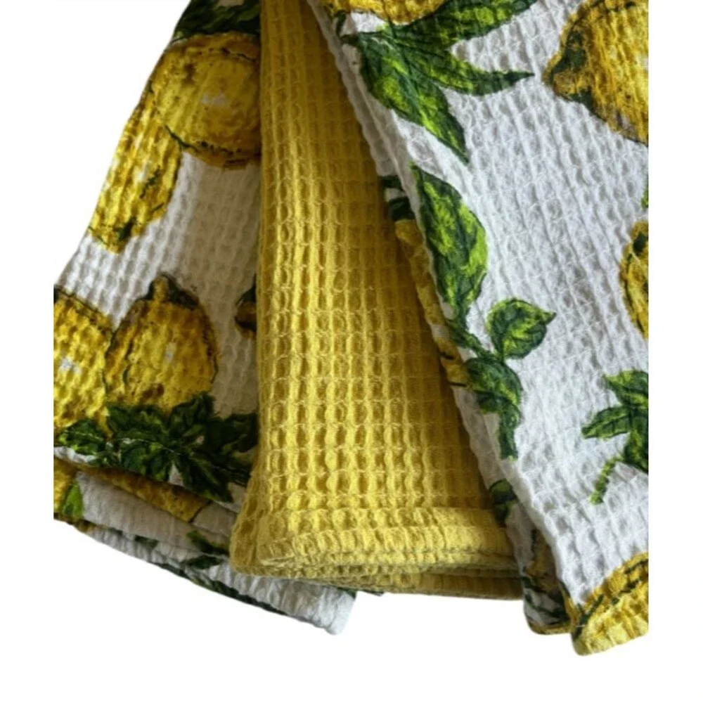 April Cornell Lemons Kitchen Dish Towels Set of 3 Waffle Weave Shabby Chic Lemon